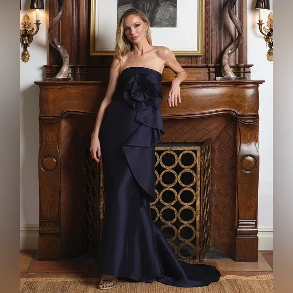 Muse by Marchesa Stretch Mikado 3D Rosette Running Side Ruffle Maxi Dress - Picture 4 of 7